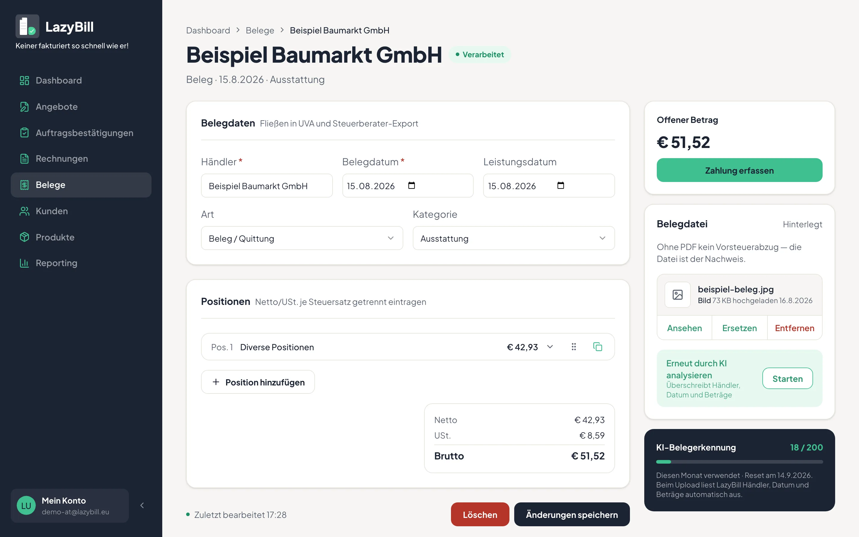 Die Detailansicht des Belegs mit Belegdaten, Positionen und der hinterlegten Belegdatei