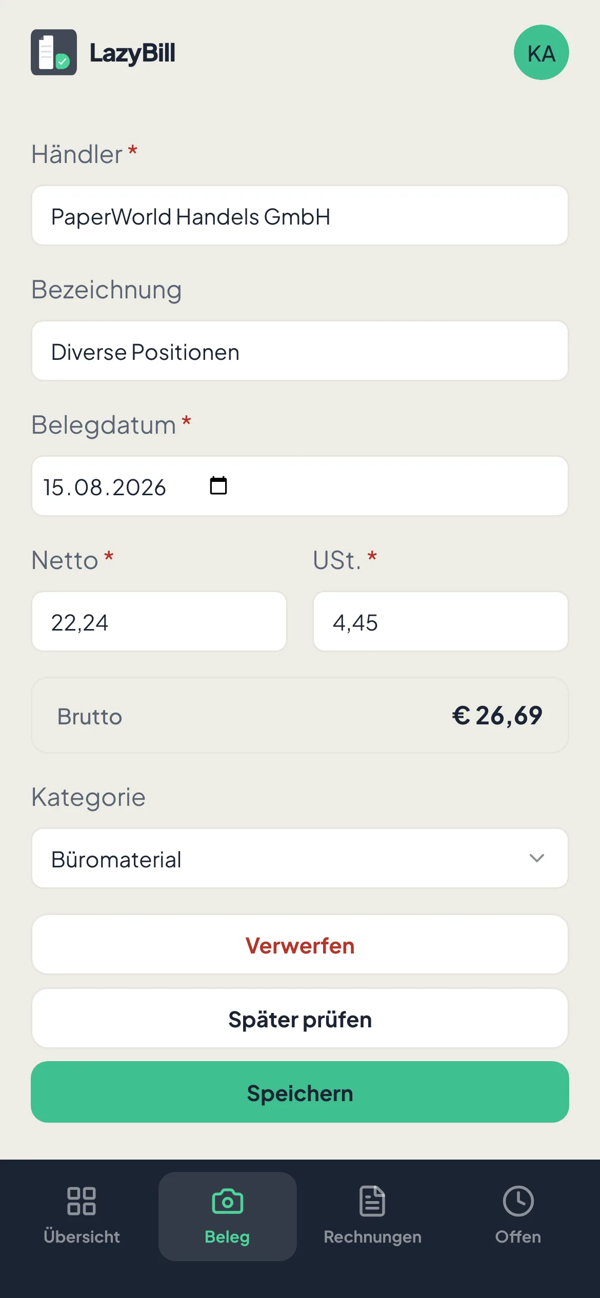 Eckdaten prüfen Ansicht mit Händler, Bezeichnung, Belegdatum, Netto, USt., Brutto, Kategorie und den Buttons Verwerfen, Später prüfen, Speichern