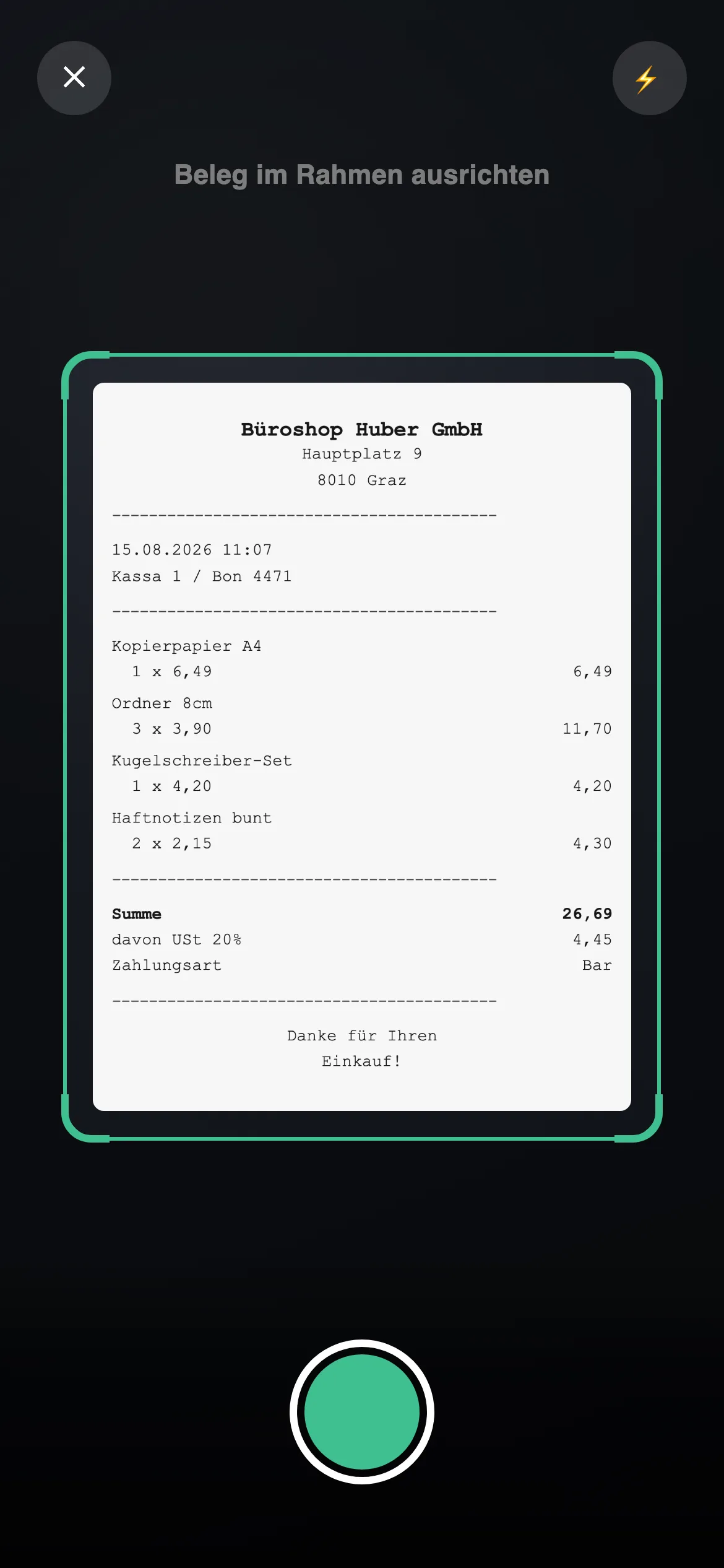 Kamera-Ansicht mit Auslöser zum Fotografieren des Belegs