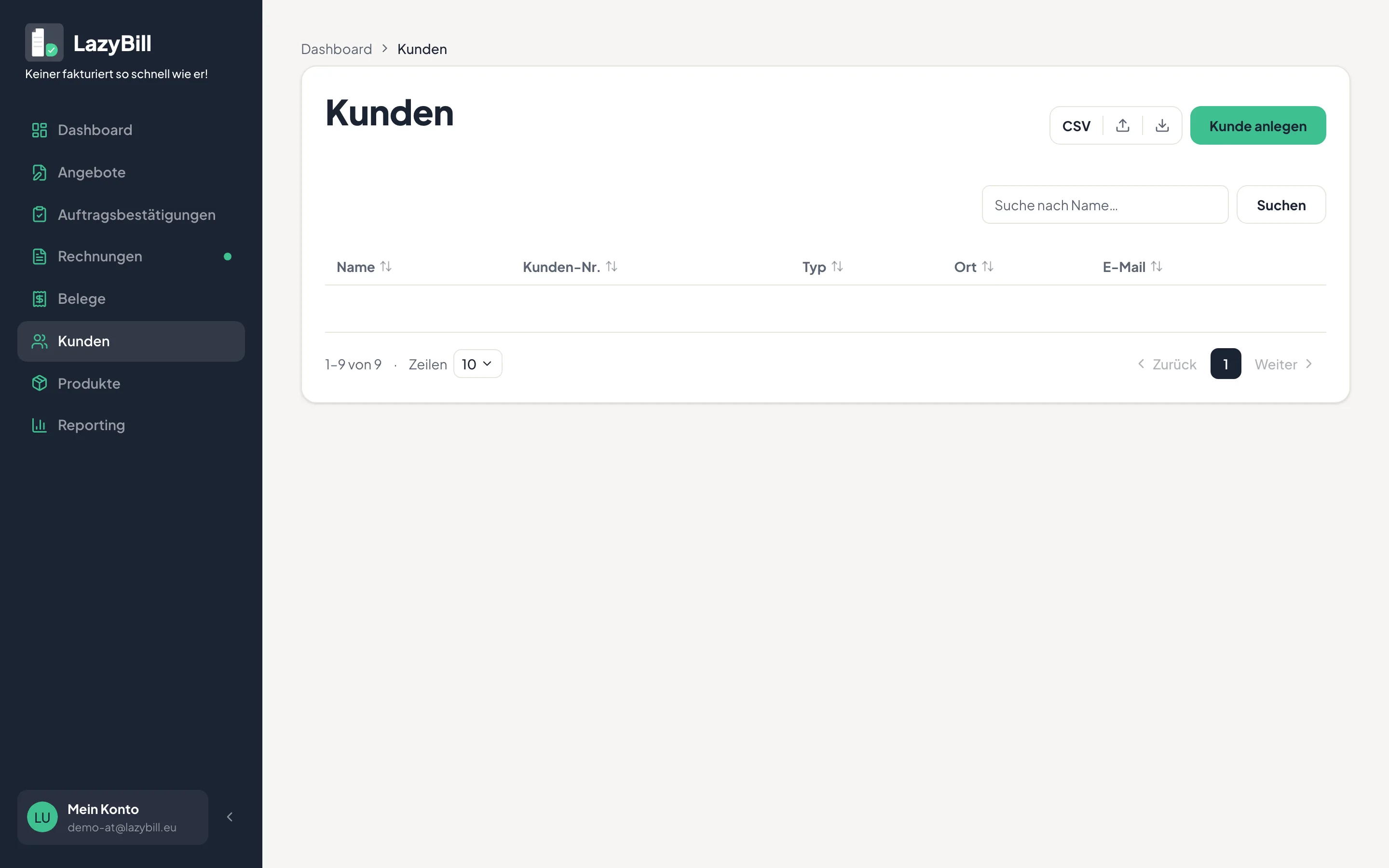 Die Kundenliste mit den beiden Icon-Buttons für Import und Export oben rechts