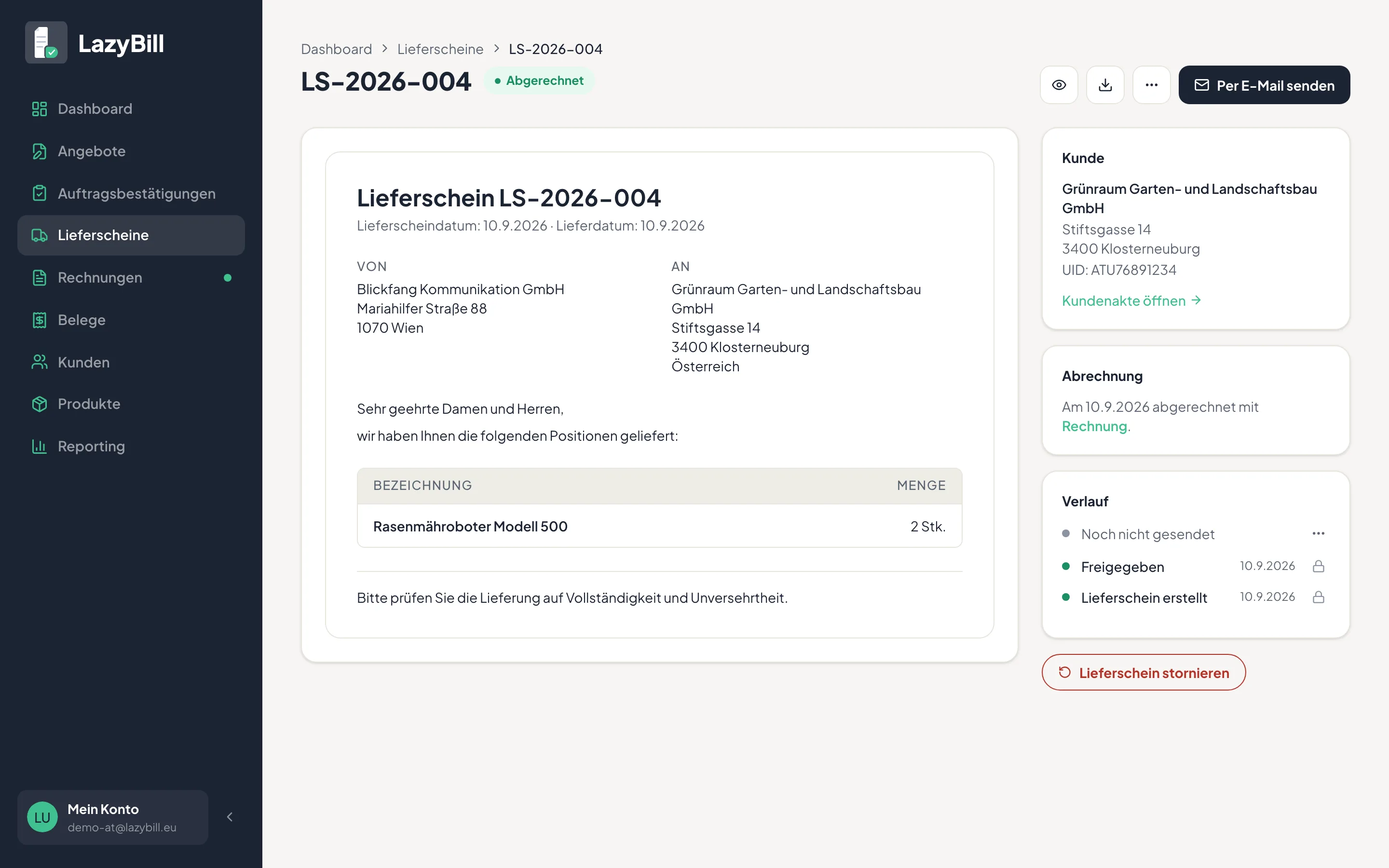 Ein abgerechneter Lieferschein mit Verweis auf die zugehörige Rechnung