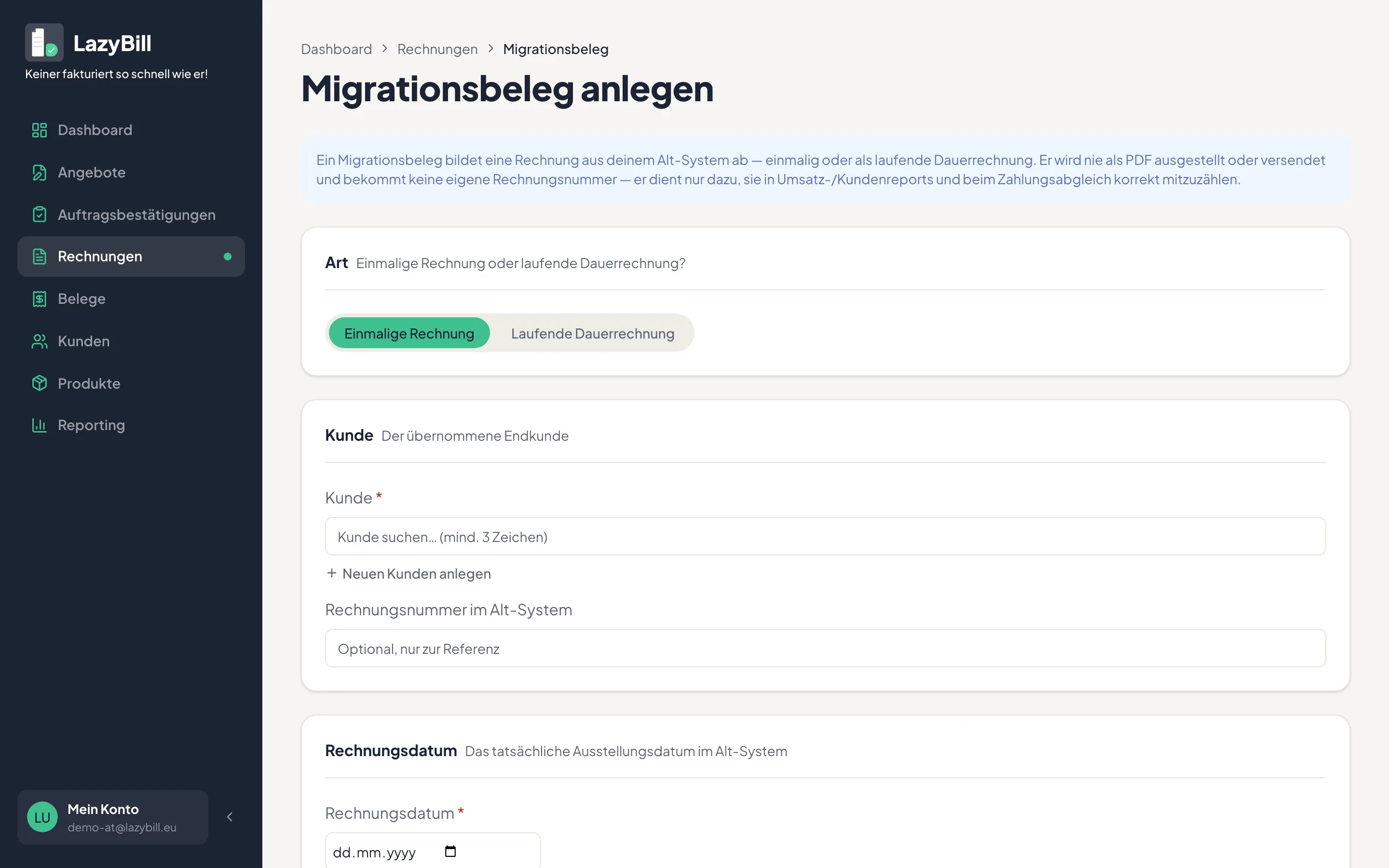 Das Formular zum Anlegen eines Migrationsbelegs mit Hinweistext, Kunde und Rechnungsdatum