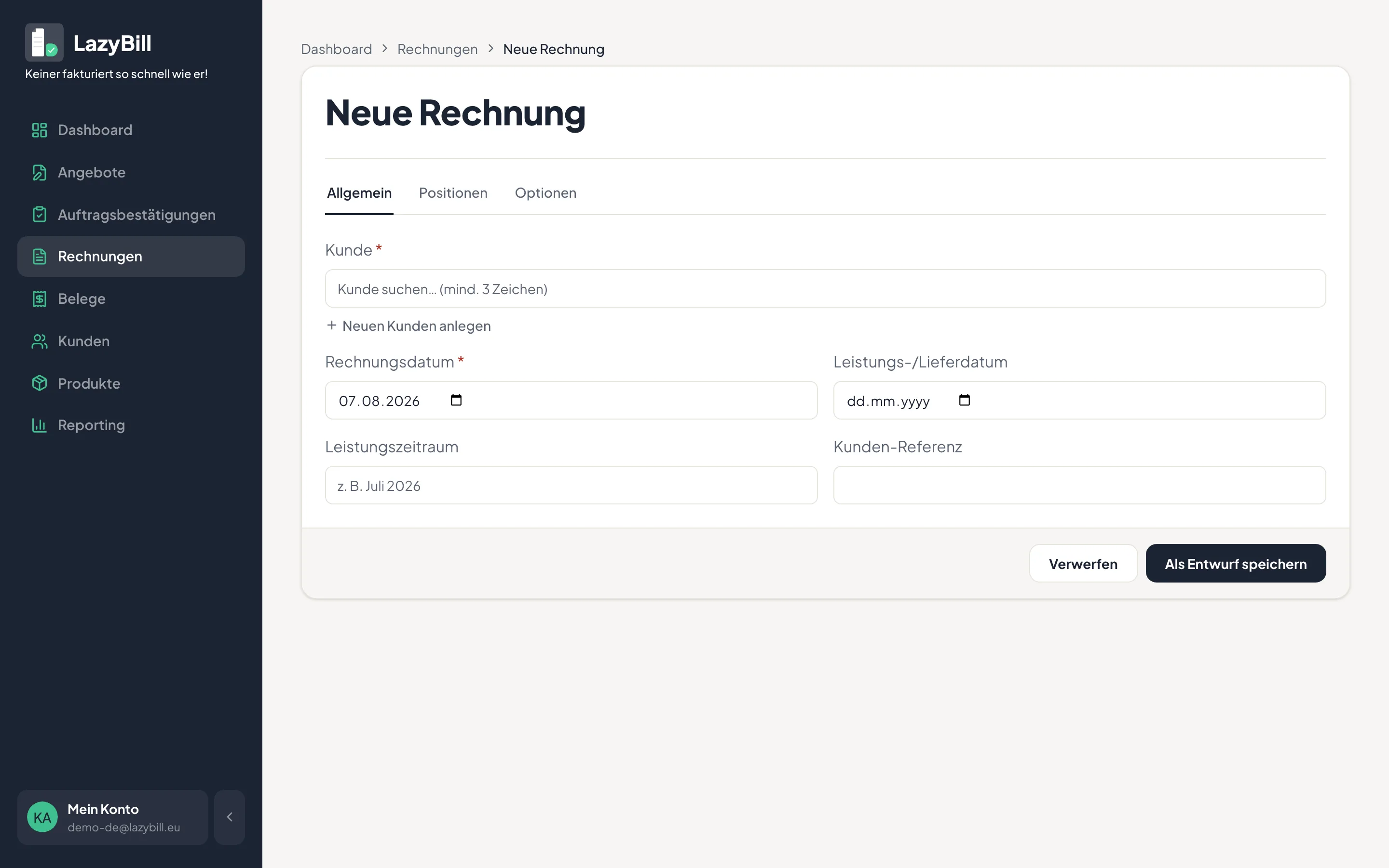 Das Formular für eine neue Rechnung