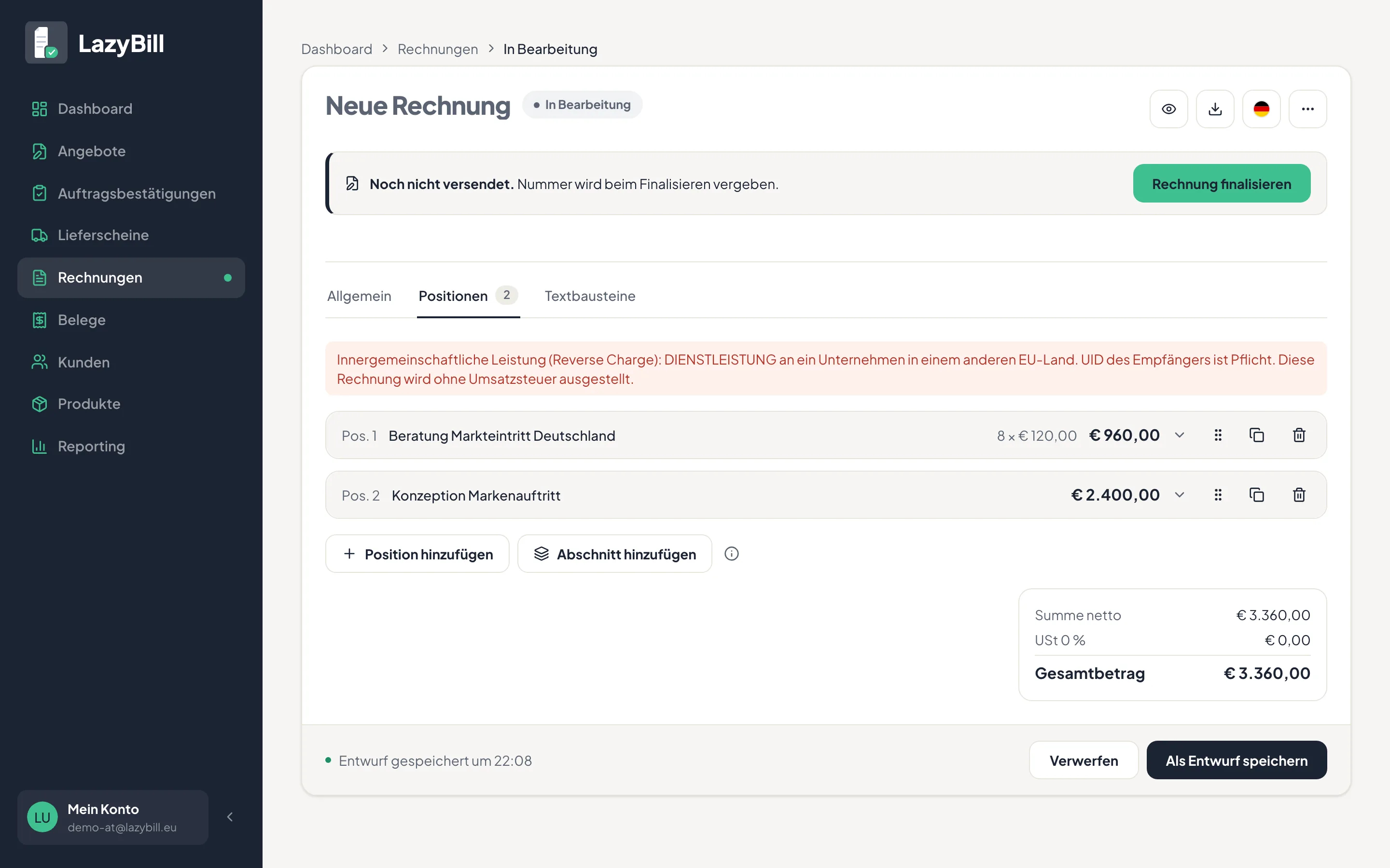 Eine Rechnung mit Reverse Charge: Hinweis über den Positionen, Umsatzsteuer auf 0 % gesetzt
