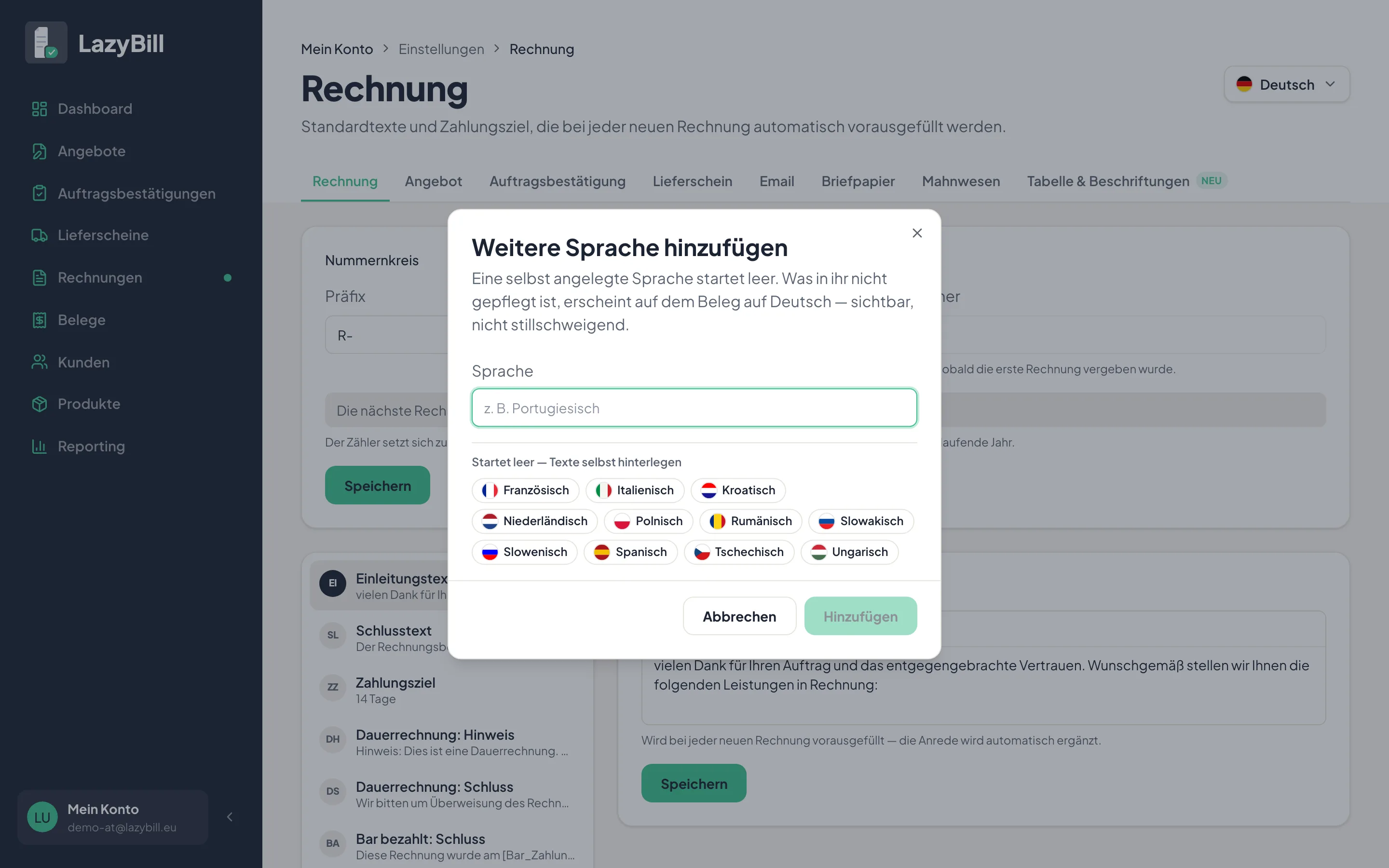 Der Dialog zum Hinzufügen einer weiteren Sprache