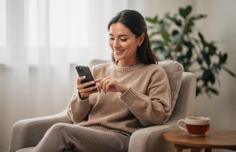 Kundin bestätigt zu Hause am Smartphone eine Auftragsbestätigung per Mail, ohne Konto und ohne App