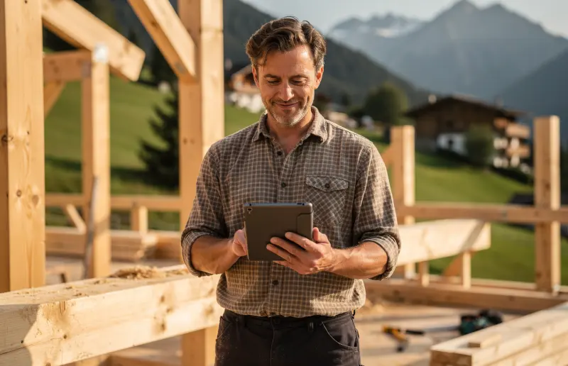 Zimmermann lässt den Lieferschein auf der Baustelle am Tablet unterschreiben