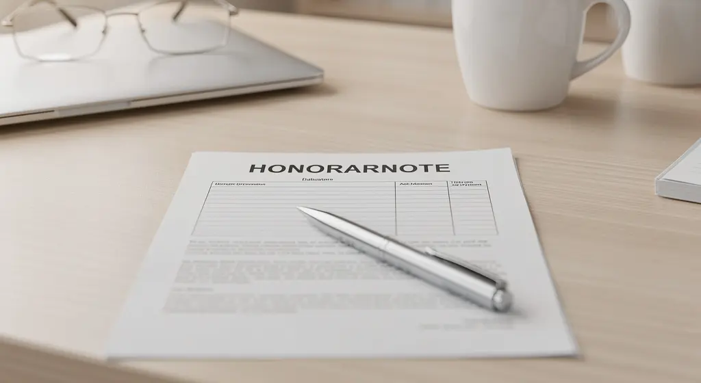 Honorarnote mit Kugelschreiber auf dem Schreibtisch, dahinter Laptop, Brille und Kaffeetasse: für die Pflichtangaben nach § 11 UStG ist eine Honorarnote in Österreich eine gewöhnliche Rechnung