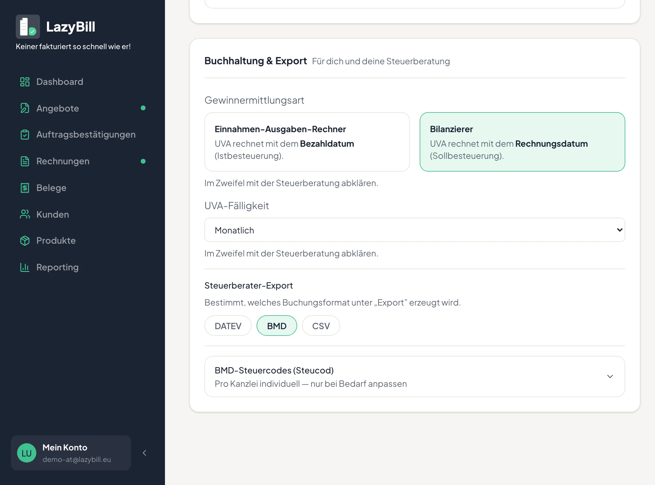 Einstellung für den Steuerberater-Export mit Auswahl zwischen DATEV, BMD und CSV