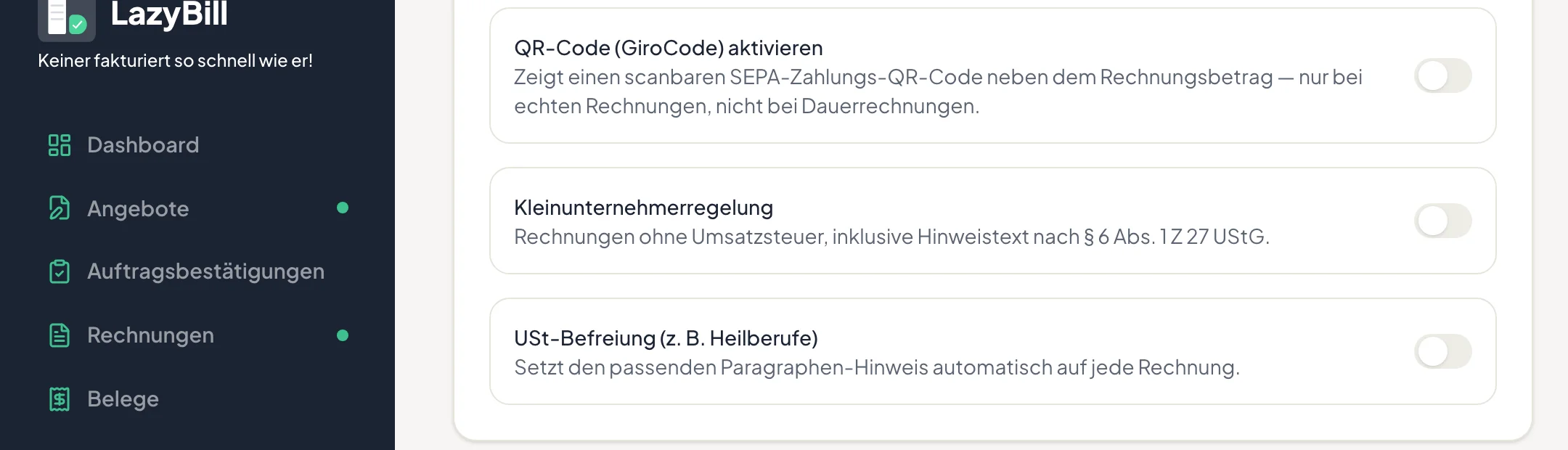 Einstellungen für Kleinunternehmerregelung und USt-Befreiung in den Stammdaten