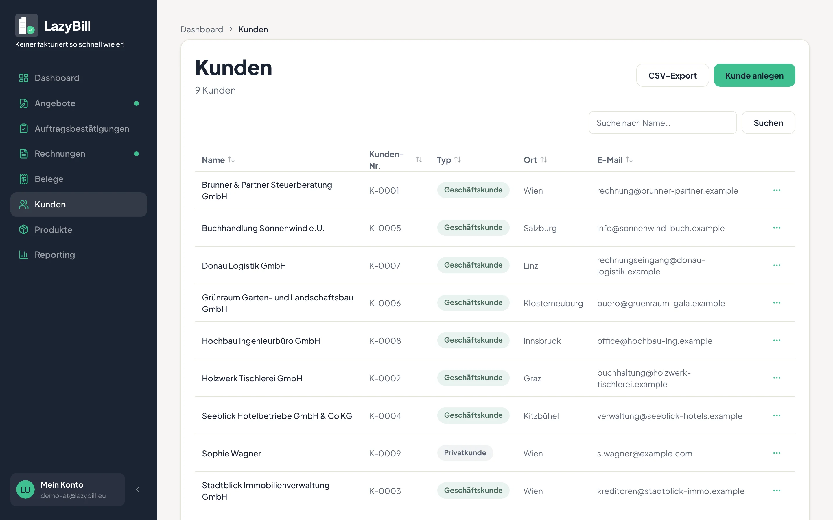 Kundenliste mit Geschäfts- und Privatkunden, Ort und E-Mail-Adresse