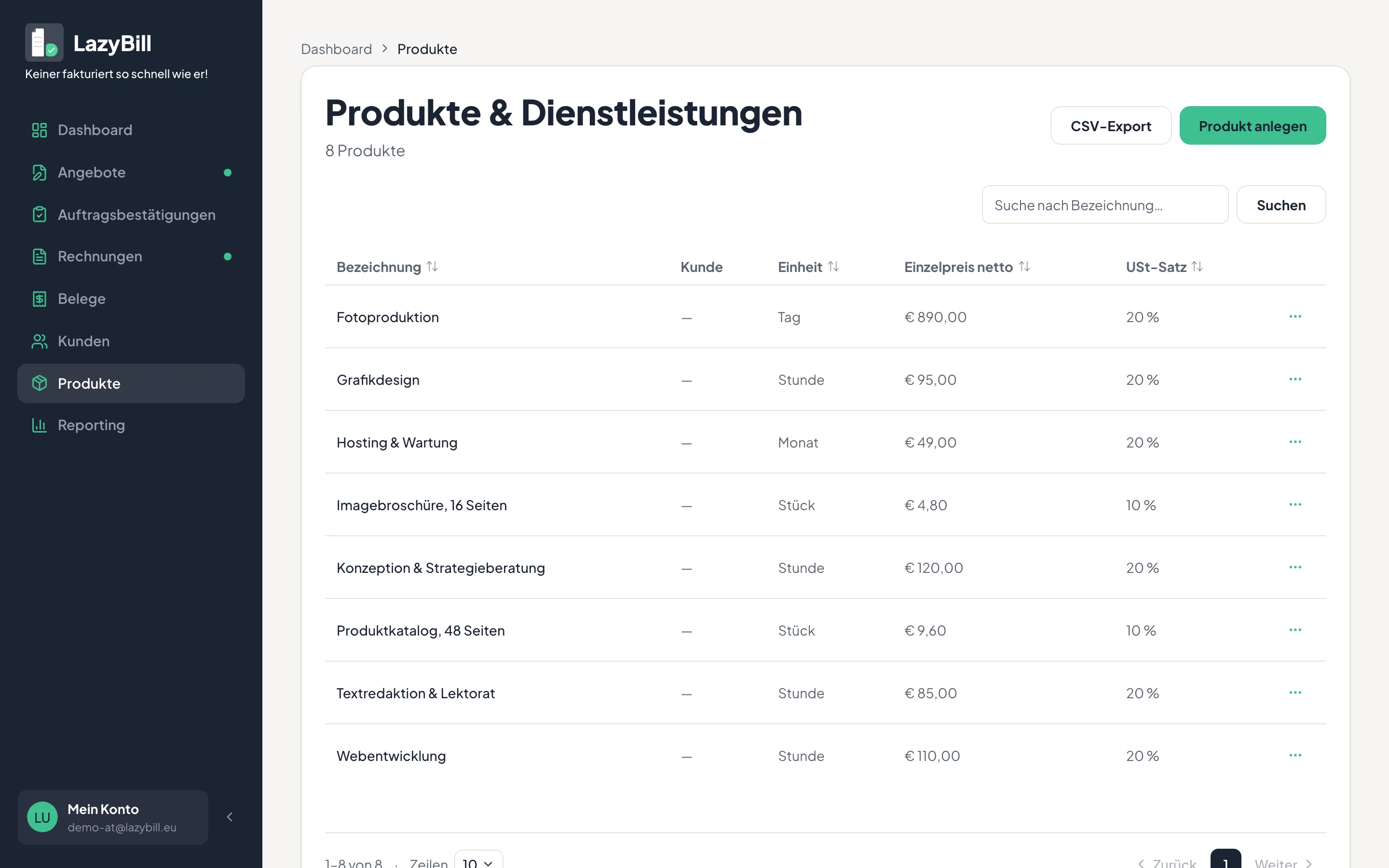 Produkt- und Leistungsliste mit Einheit, Nettopreis und Umsatzsteuersatz