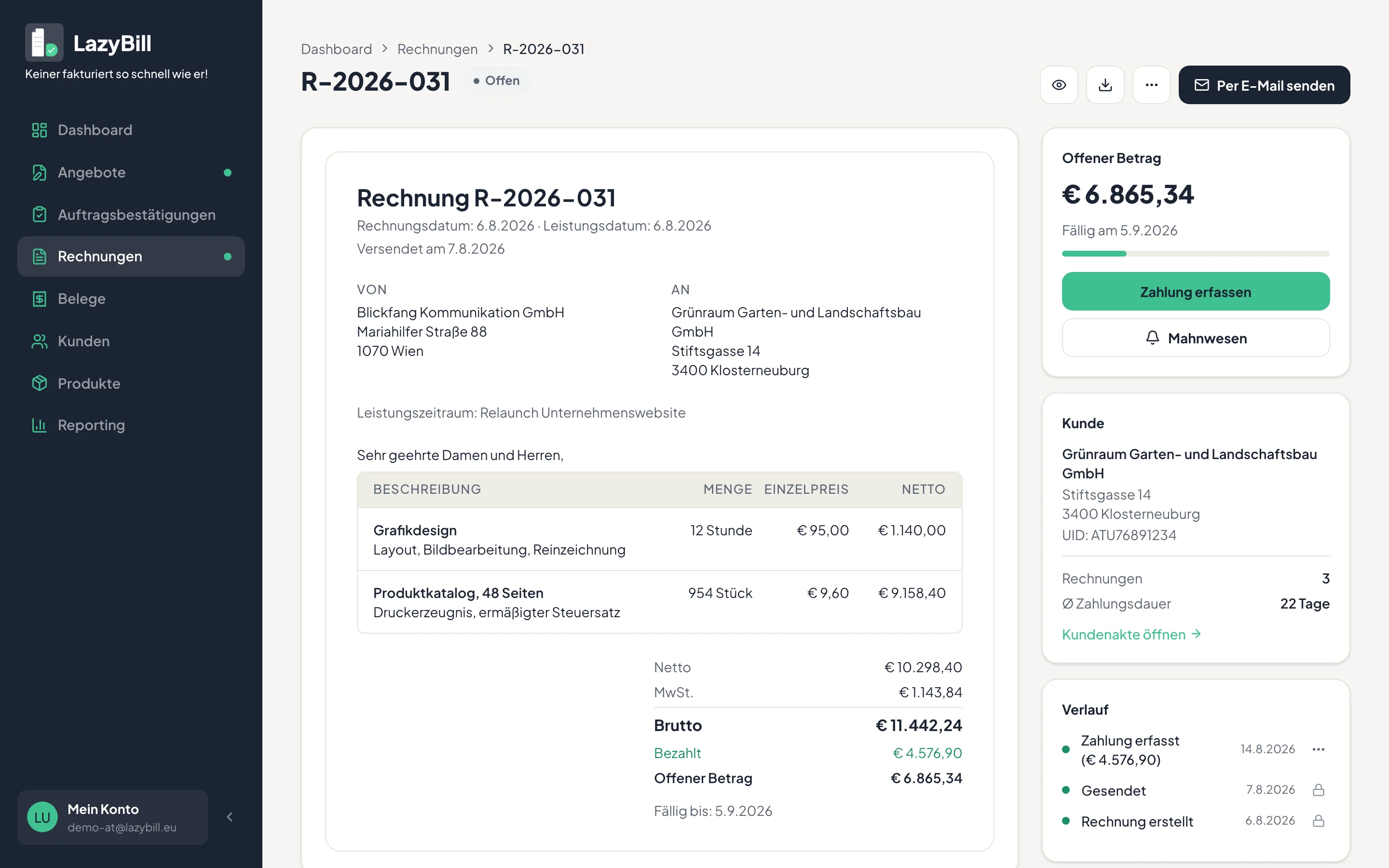 Fertige, versendete Rechnung mit Positionen, Summen und Zahlungsstatus