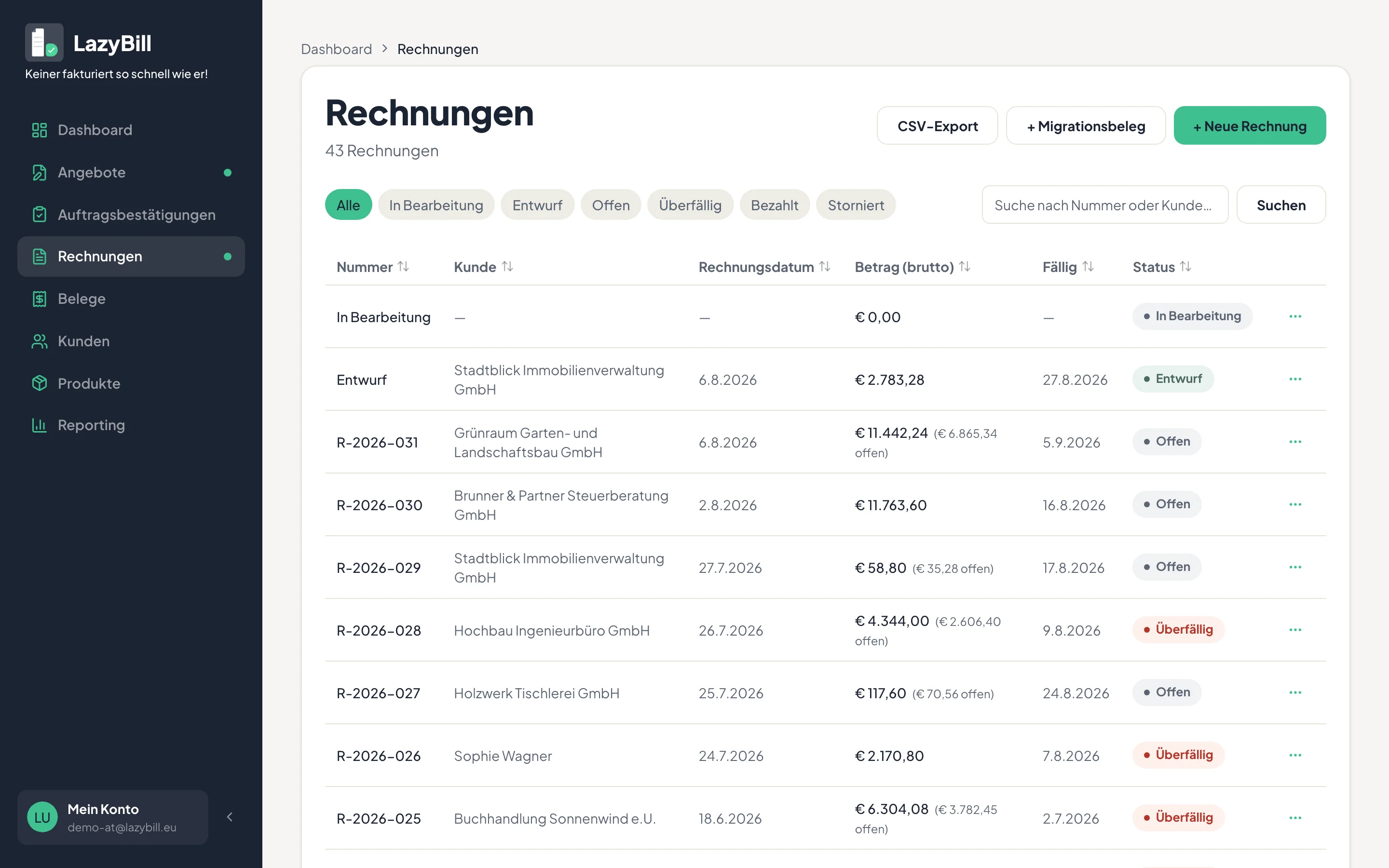 Rechnungsübersicht in LazyBill mit mehreren Kunden und Status auf einen Blick