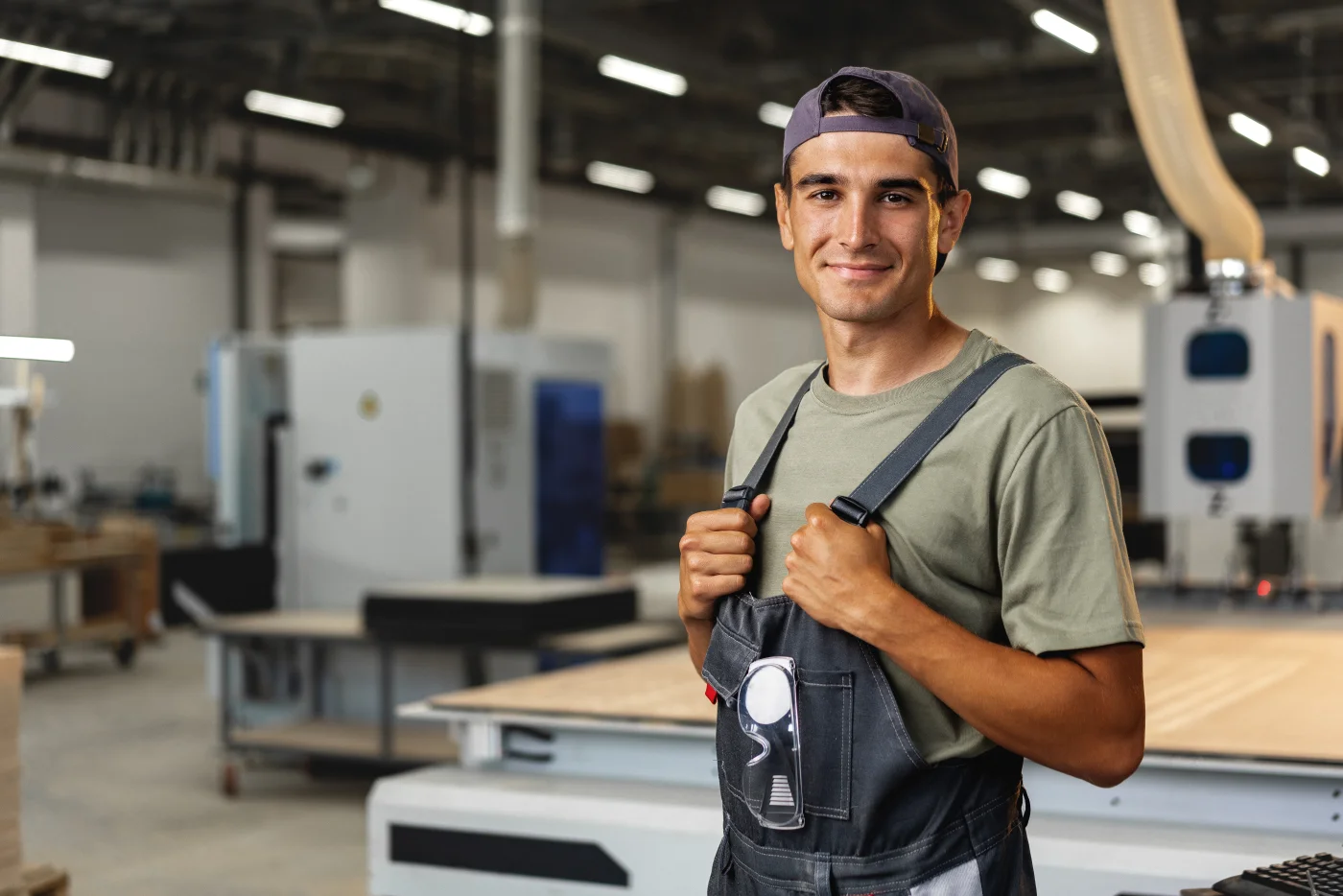 Handwerker in Arbeitskleidung steht in seiner Werkstatt